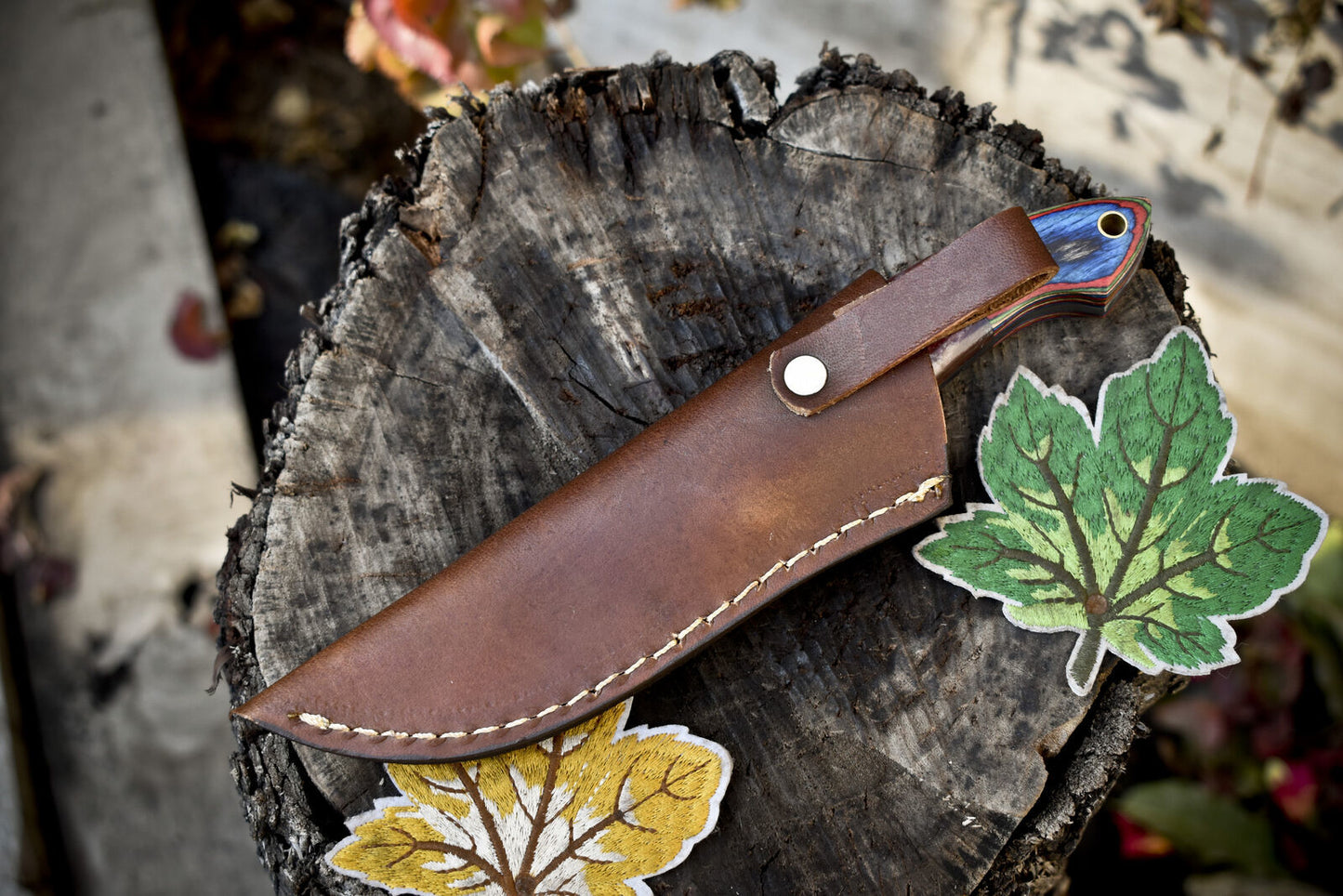 Handmade Twist Damascus Skinner Knife with Mixed Material Handle for EDC and Bushcraft