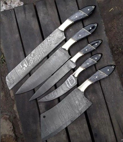 5-Piece Handmade Damascus Steel Chef Knife Set, Kitchen Cutlery, Gift Boxed