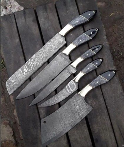 5-Piece Handmade Damascus Steel Chef Knife Set, Kitchen Cutlery, Gift Boxed