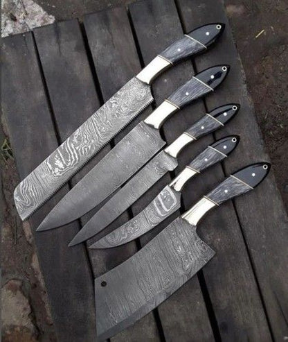 5-Piece Handmade Damascus Steel Chef Knife Set, Kitchen Cutlery, Gift Boxed
