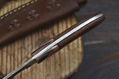 8.0" Rain Drop Damascus Skinner Knife with Hard Wood Handle – Custom Handmade Hiking Knife