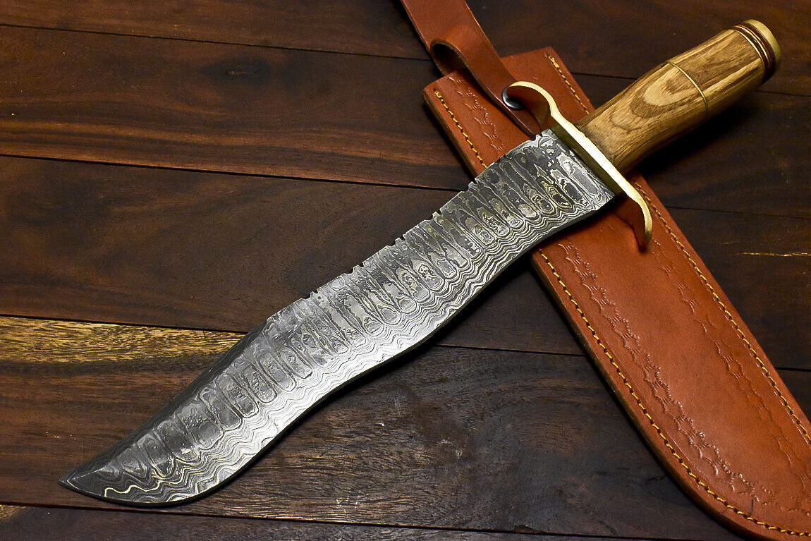 16" Damascus Bowie Knife – Olive Wood Handle with Leather Sheath