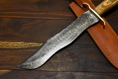 16" Damascus Bowie Knife – Olive Wood Handle with Leather Sheath