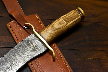 16" Damascus Bowie Knife – Olive Wood Handle with Leather Sheath