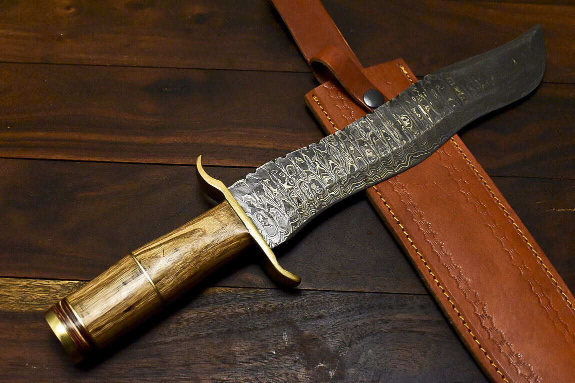 16" Damascus Bowie Knife – Olive Wood Handle with Leather Sheath