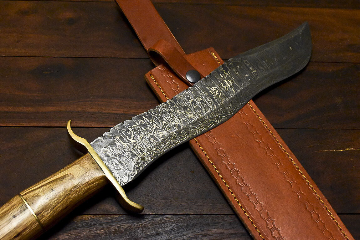 16" Damascus Bowie Knife – Olive Wood Handle with Leather Sheath