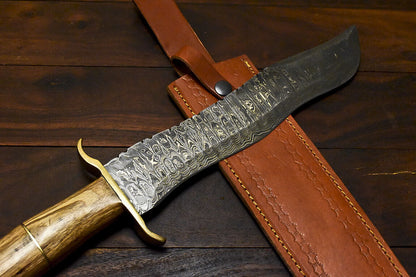 16" Damascus Bowie Knife – Olive Wood Handle with Leather Sheath