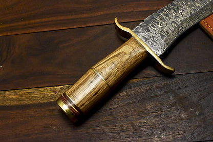 16" Damascus Bowie Knife – Olive Wood Handle with Leather Sheath