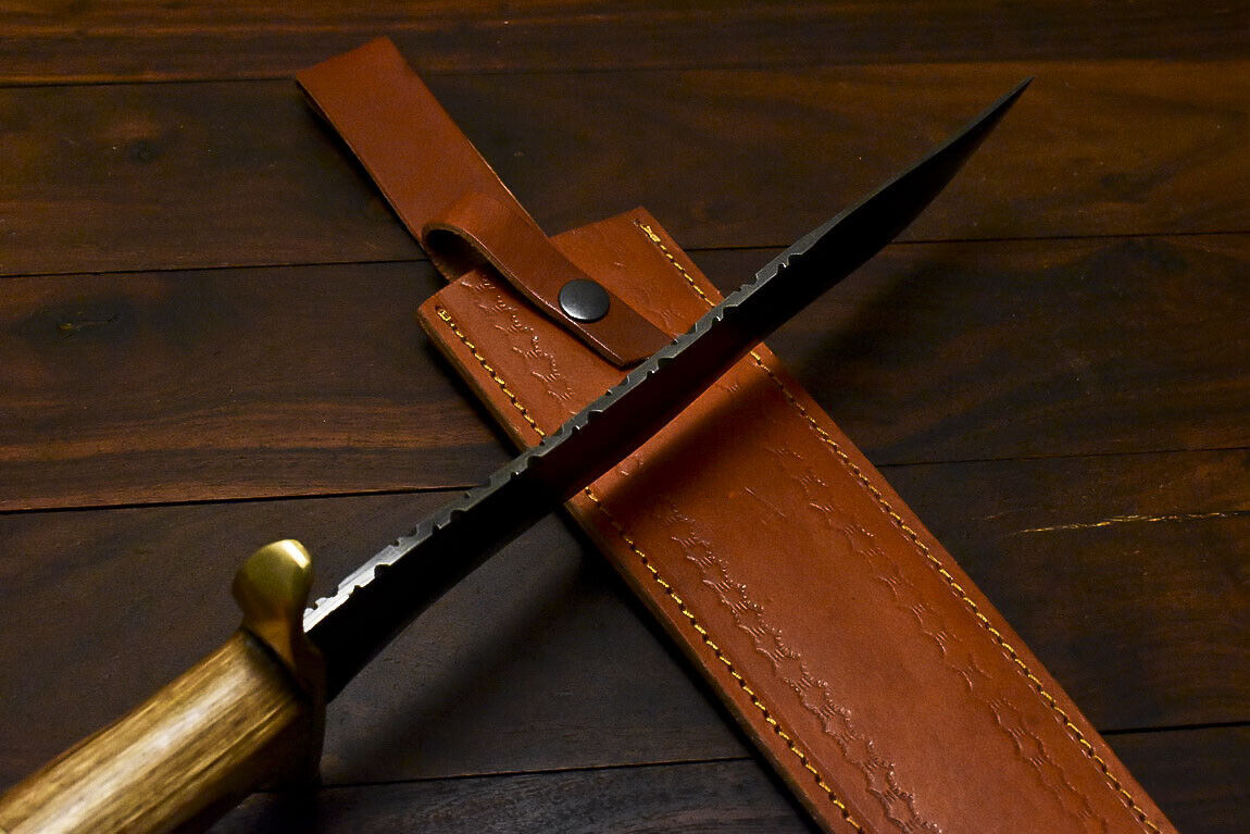 16" Damascus Bowie Knife – Olive Wood Handle with Leather Sheath