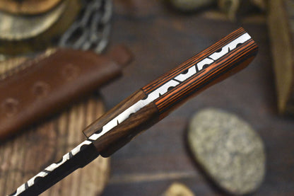 9" Handmade Damascus Skinner Knife with Twist Blade, Hardwood Handle, and Wooden Bolster