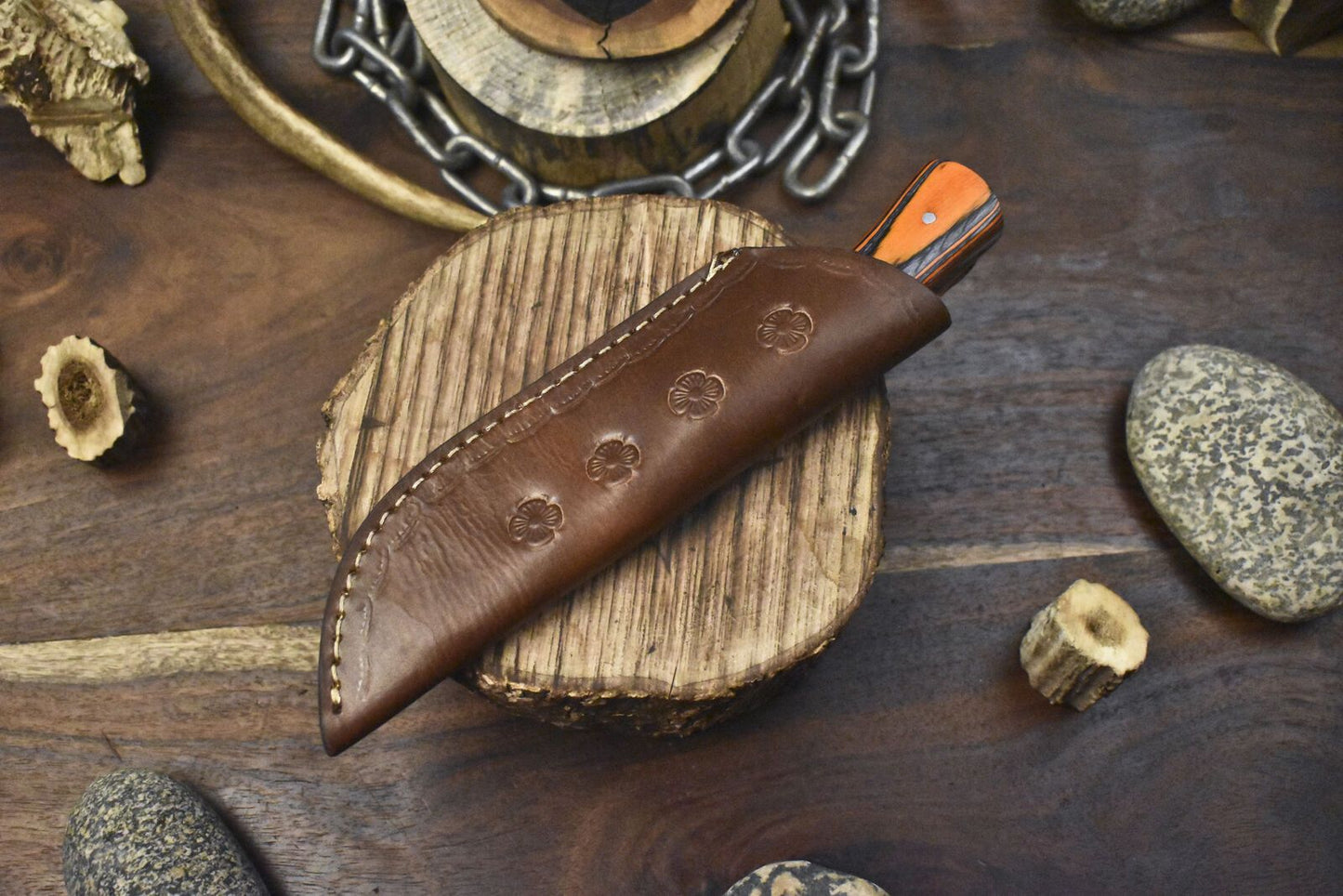 9" Handmade Damascus Skinner Knife with Twist Blade, Hardwood Handle, and Wooden Bolster