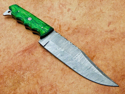 12 Inch Handmade Damascus Hunting Bowie Knife with Hardwood Handle