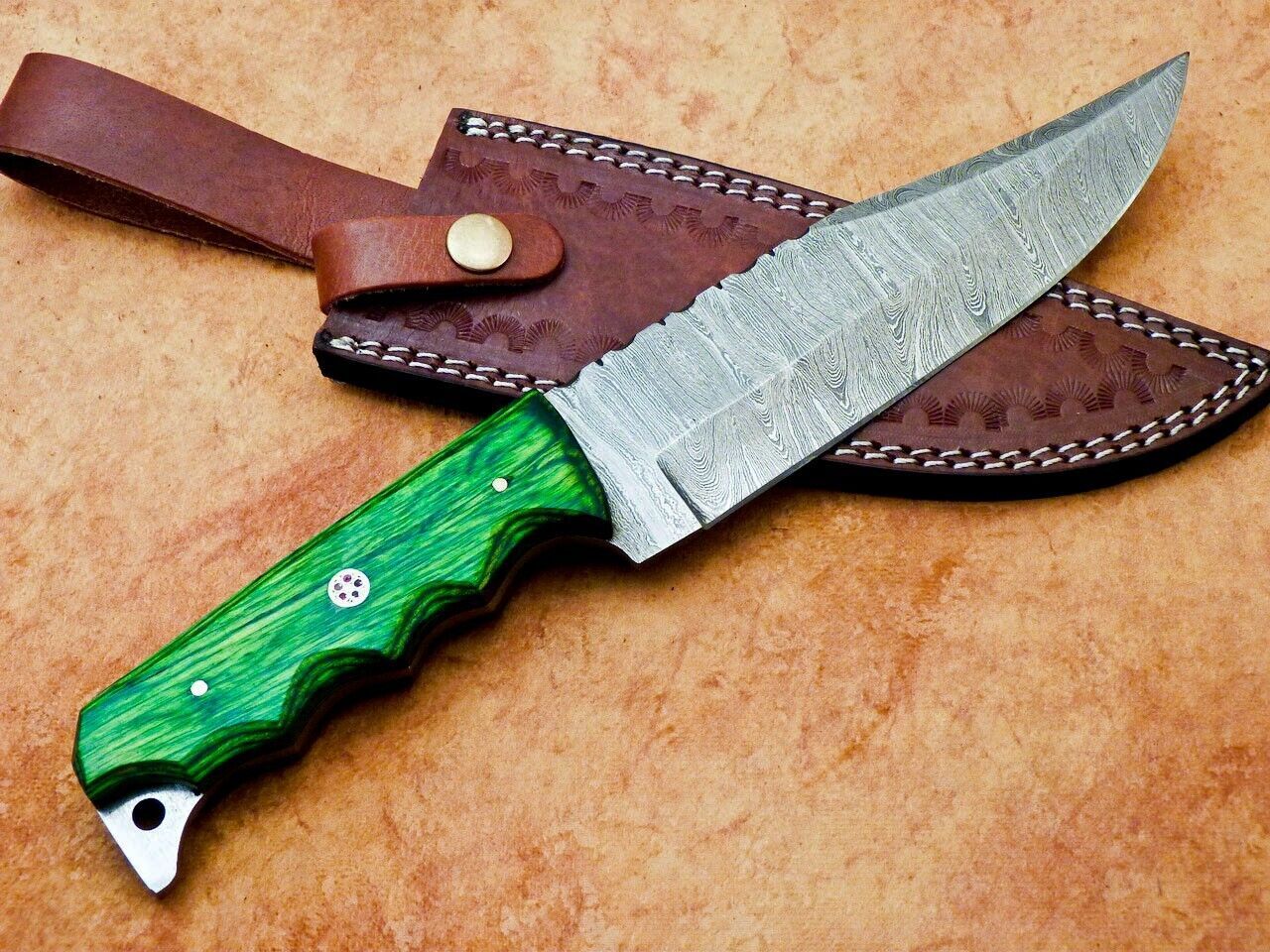 12 Inch Handmade Damascus Hunting Bowie Knife with Hardwood Handle