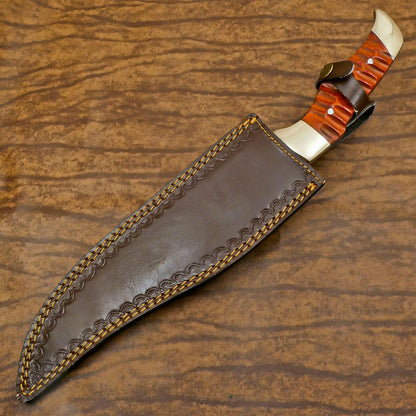 Hunter D2 Bowie Knife | 12-Inch Blade with Pakka Wood Handle & Leather Sheath