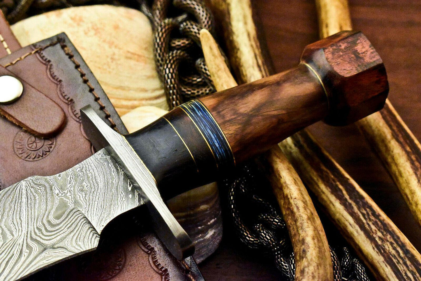 12.5" Damascus Bowie Knife | Walnut Wood Elegance