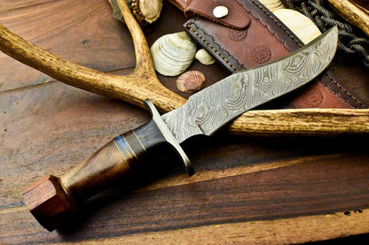 12.5" Damascus Bowie Knife | Walnut Wood Elegance