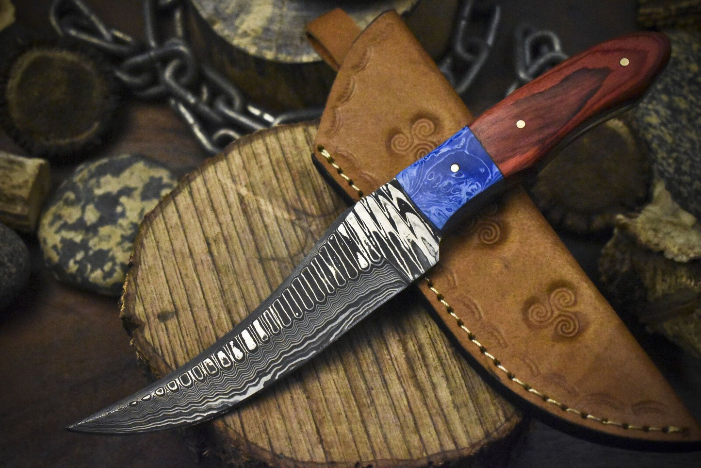 Ladder Damascus Steel Skinner Knife with Hardwood Handle and Micarta Bolster – Handmade Fixed Blade for Hunting and Hiking
