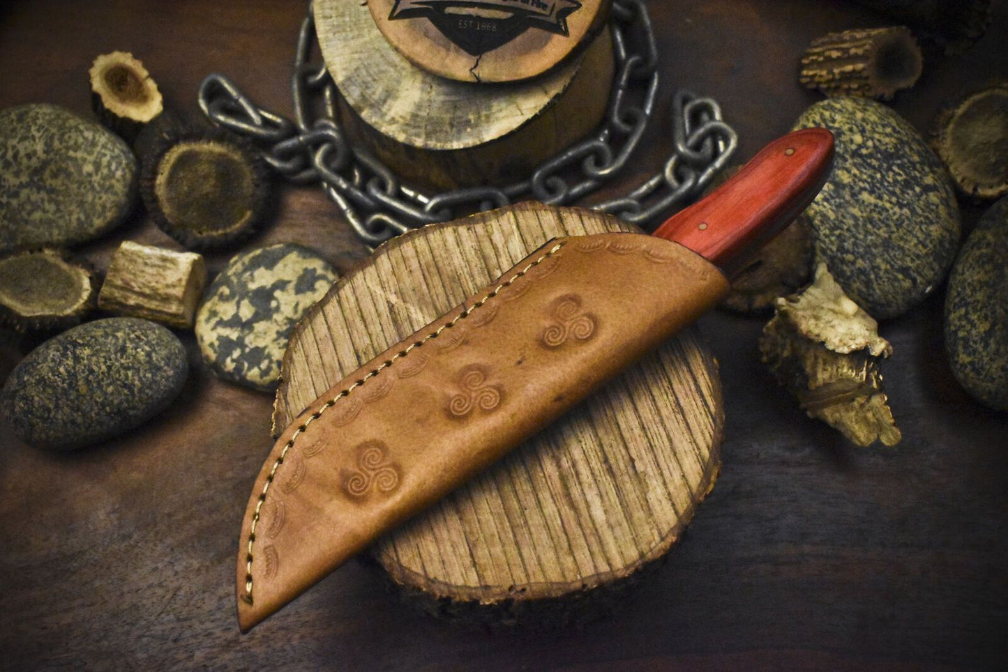 Ladder Damascus Steel Skinner Knife with Hardwood Handle and Micarta Bolster – Handmade Fixed Blade for Hunting and Hiking