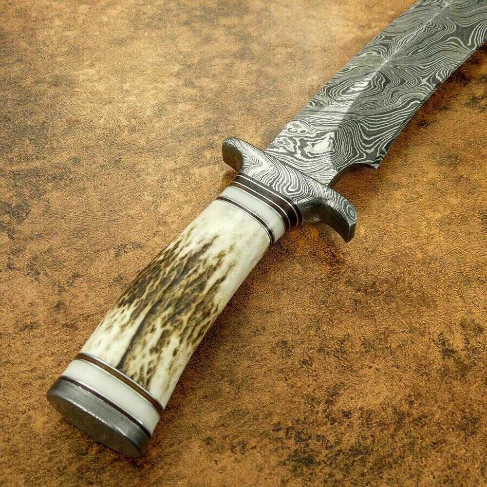 Custom Damascus Bowie Hunting Knife – Stag Antler Handle with Damascus Guard