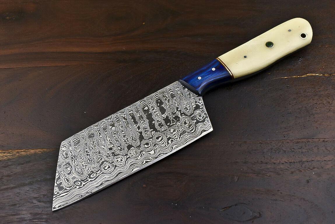 Fixed Blade Damascus Steel Clever Chopper Chef Knife with Camel Bone Handle & Wooden Bolster