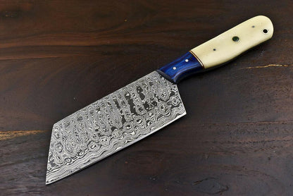 Fixed Blade Damascus Steel Clever Chopper Chef Knife with Camel Bone Handle & Wooden Bolster