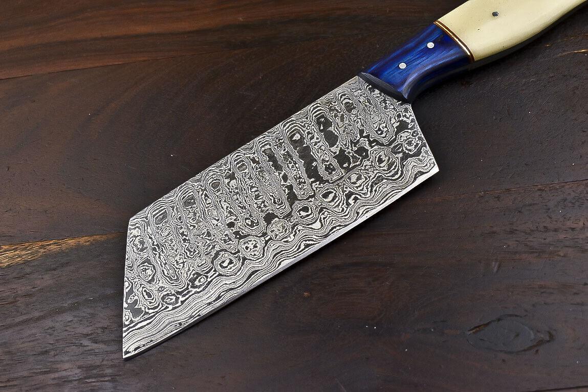Fixed Blade Damascus Steel Clever Chopper Chef Knife with Camel Bone Handle & Wooden Bolster
