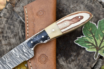 8.0" Twist Damascus Skinner Knife Bone Wood Handle Micarta Guard Tactical EDC