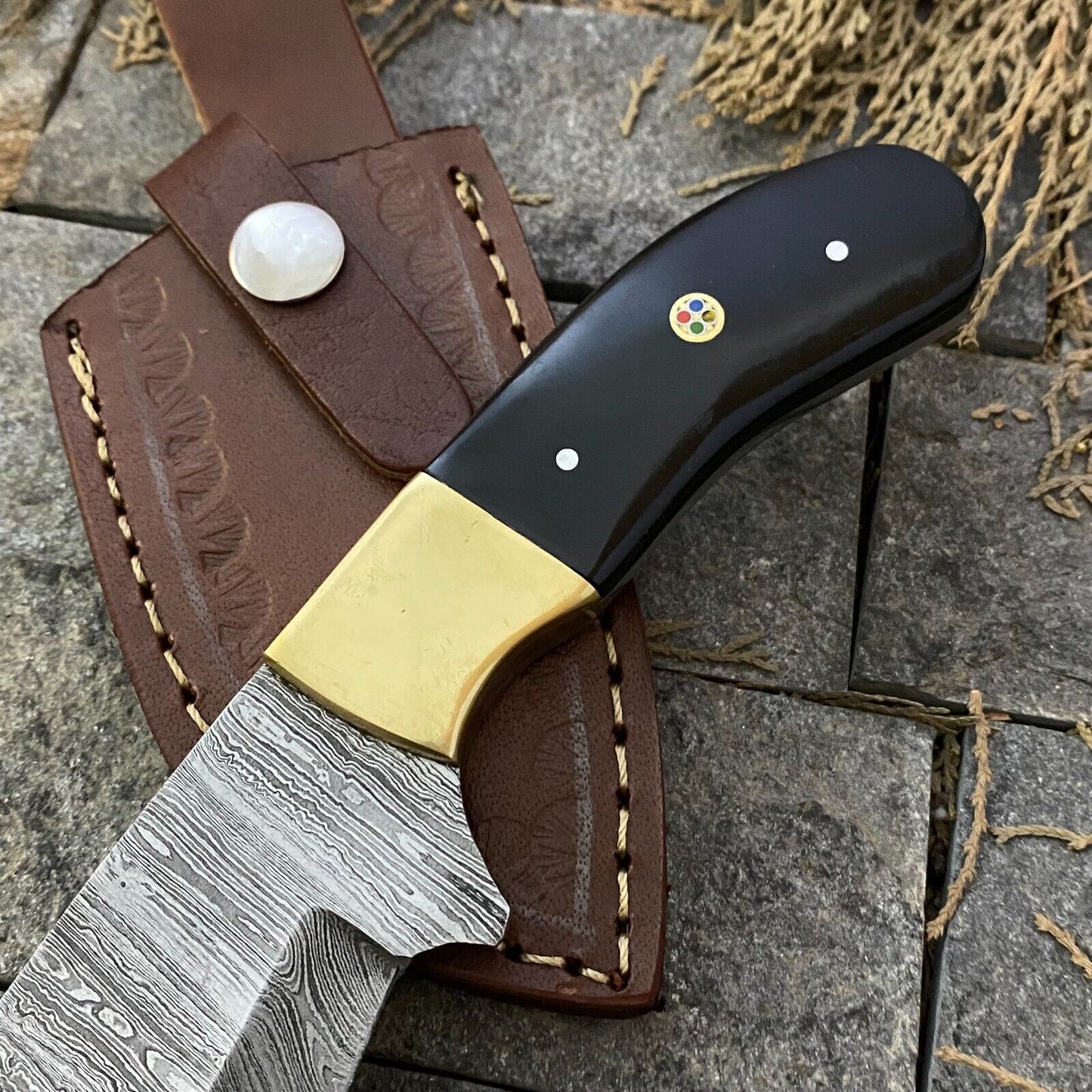 8" Custom Damascus Steel EDC Skinner Knife Buffalo Horn Handle with Sheath