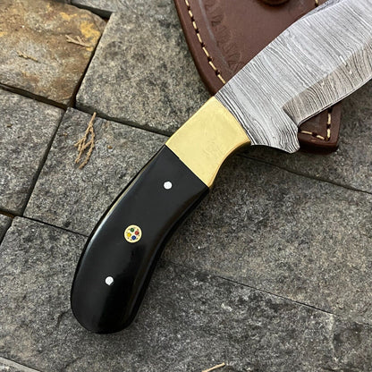 8" Custom Damascus Steel EDC Skinner Knife Buffalo Horn Handle with Sheath