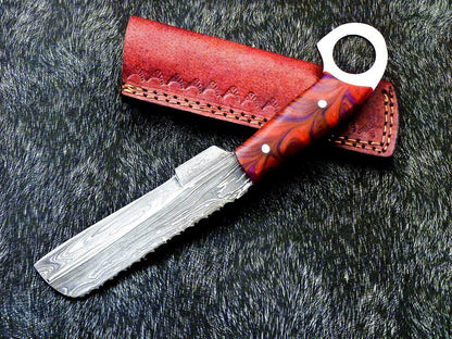 10" Damascus Steel Bowie Knife | Cowboy Bull Cutter EDC | Resin Handle