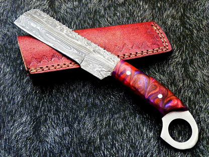 10" Damascus Steel Bowie Knife | Cowboy Bull Cutter EDC | Resin Handle