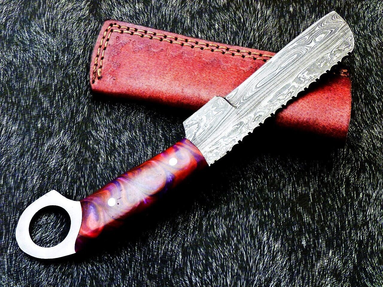 10" Damascus Steel Bowie Knife | Cowboy Bull Cutter EDC | Resin Handle