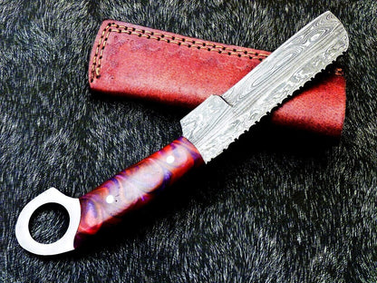 10" Damascus Steel Bowie Knife | Cowboy Bull Cutter EDC | Resin Handle