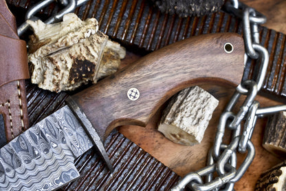 10" Custom Ladder Damascus Skinner Knife Walnut Wood Handle Damascus Guard Hunting Fishing