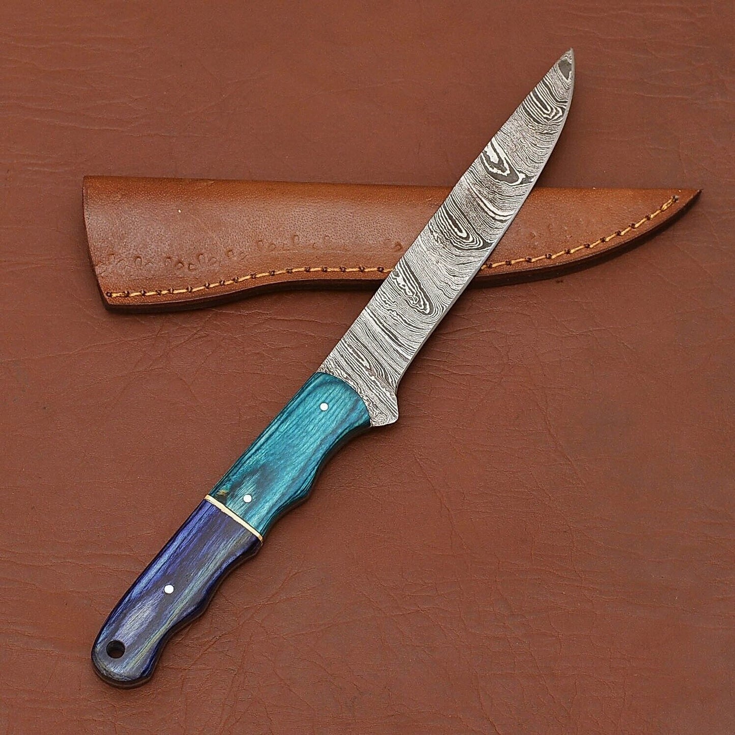 Custom Handmade 12" Damascus Steel Chef Kitchen Knife | Wood Handle & Leather Sheath