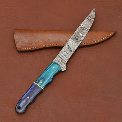 Custom Handmade 12" Damascus Steel Chef Kitchen Knife | Wood Handle & Leather Sheath
