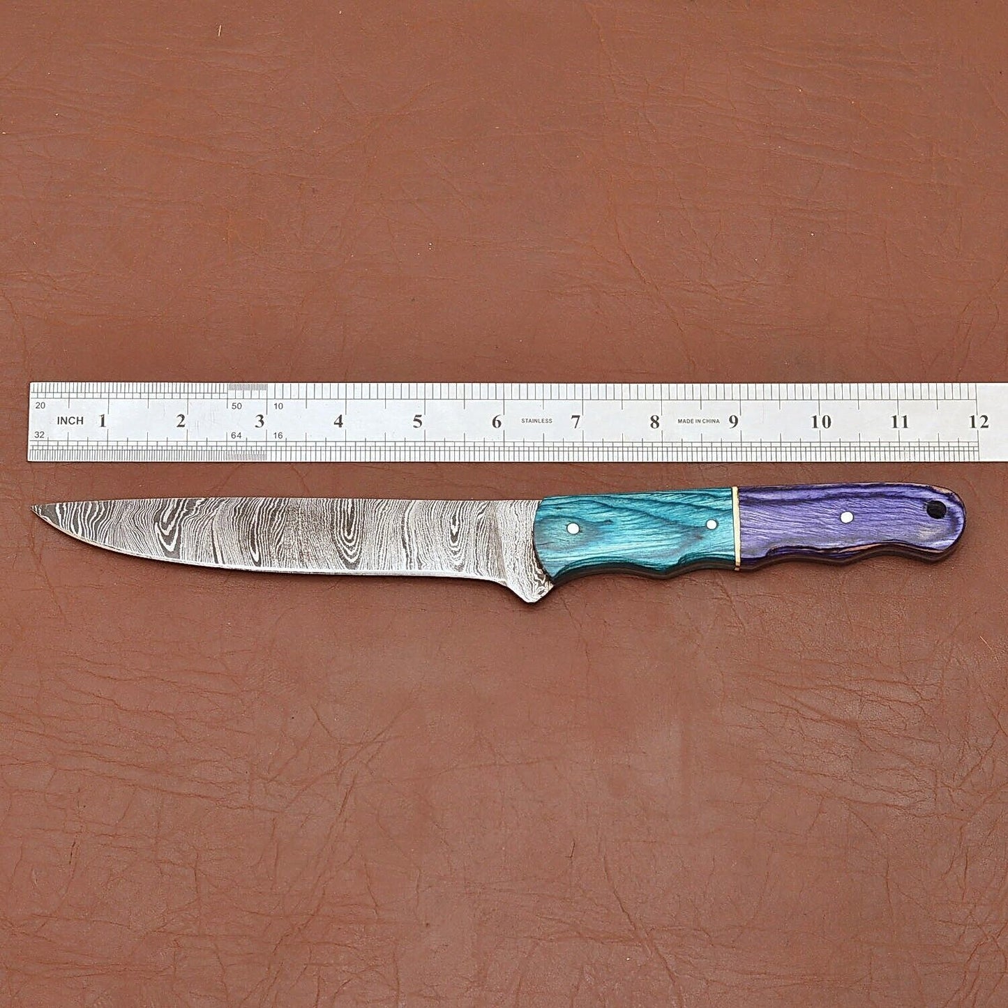 Custom Handmade 12" Damascus Steel Chef Kitchen Knife | Wood Handle & Leather Sheath