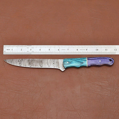 Custom Handmade 12" Damascus Steel Chef Kitchen Knife | Wood Handle & Leather Sheath