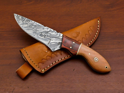 8" Custom Handmade Damascus Fixed Blade Bowie Knife – Olive & Pakka Wood