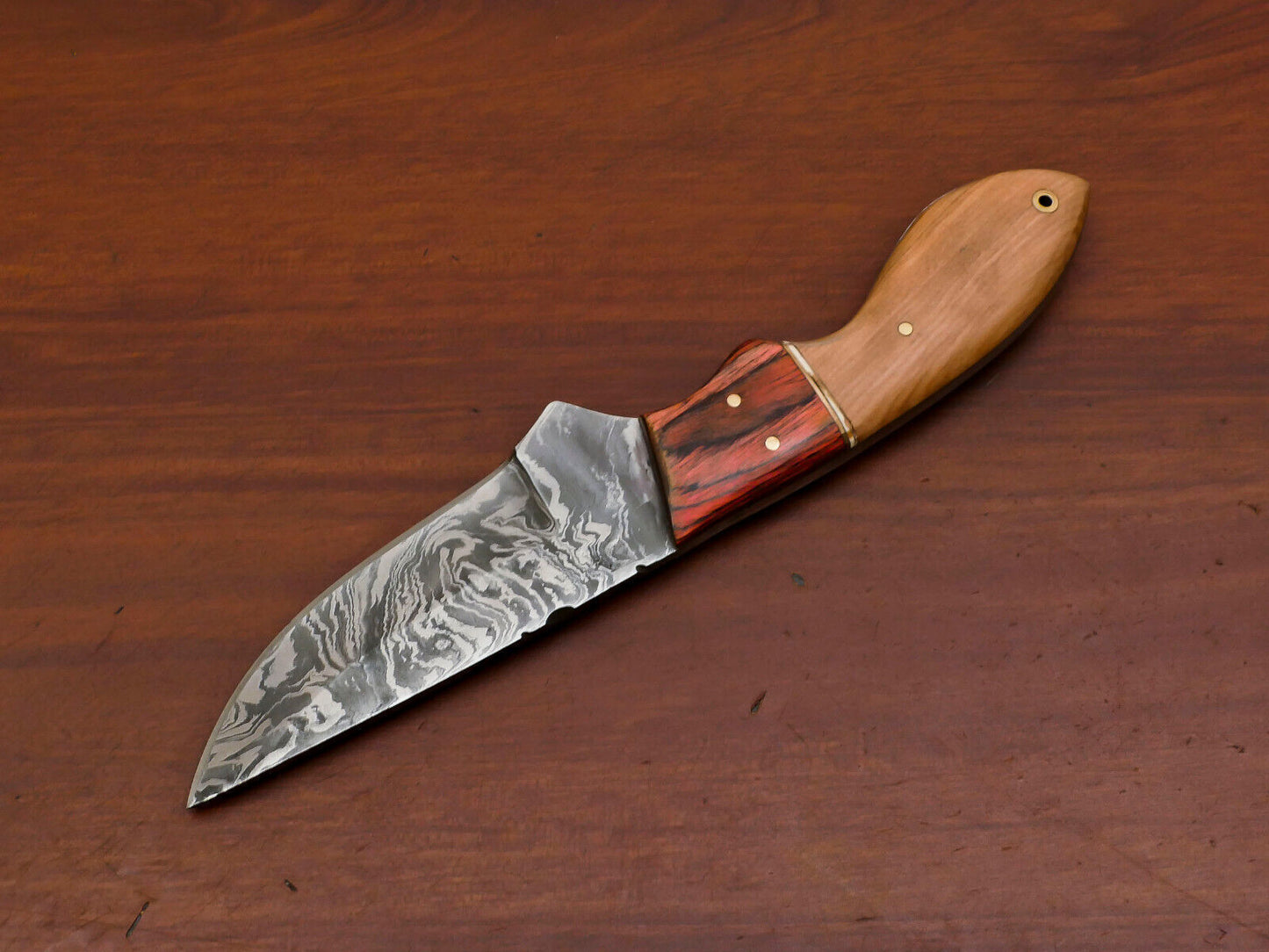 8" Custom Handmade Damascus Fixed Blade Bowie Knife – Olive & Pakka Wood