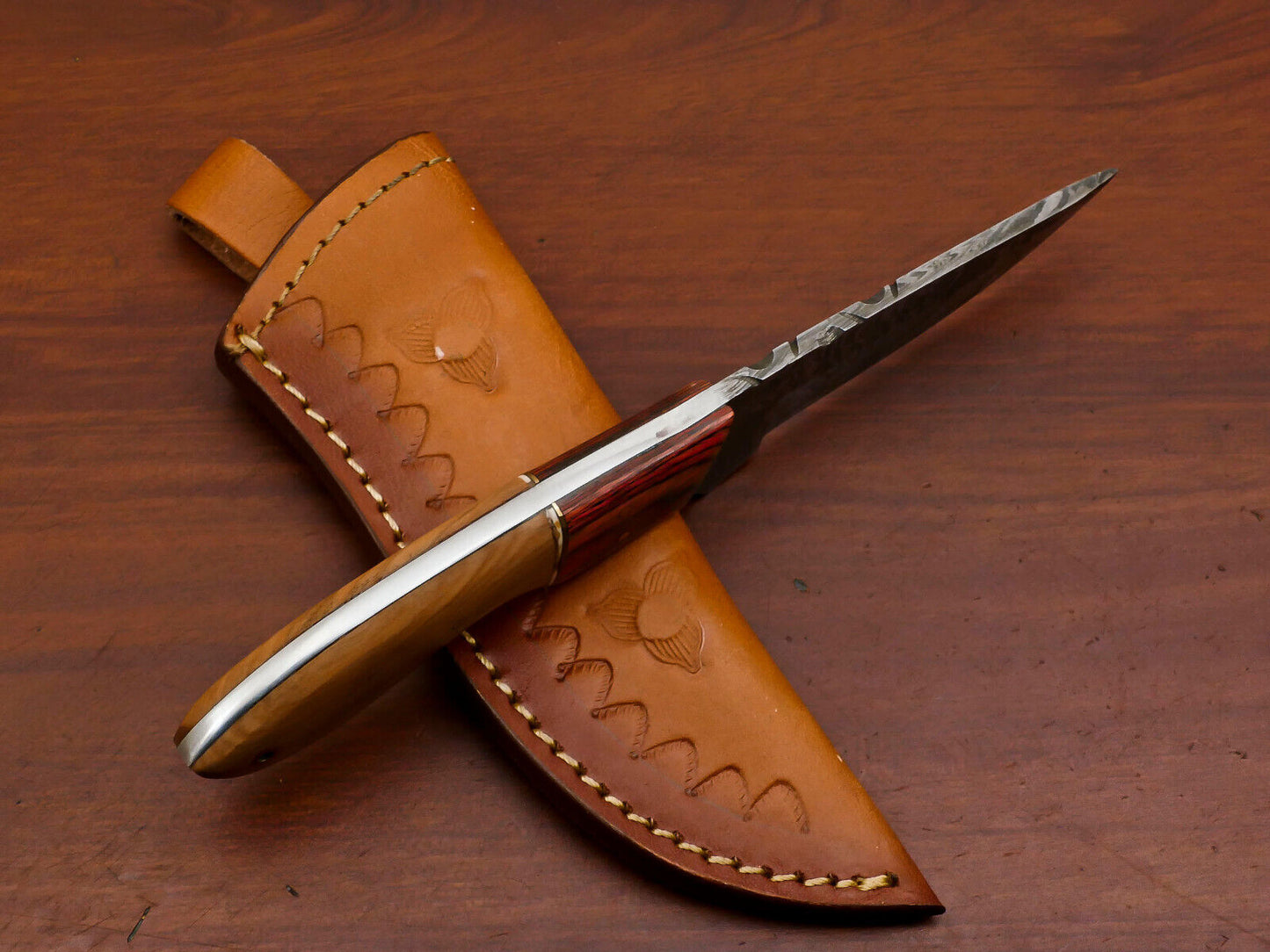 8" Custom Handmade Damascus Fixed Blade Bowie Knife – Olive & Pakka Wood