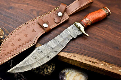 Handmade Damascus Bowie Knife | 15" Hunting Blade with Hardwood Handle