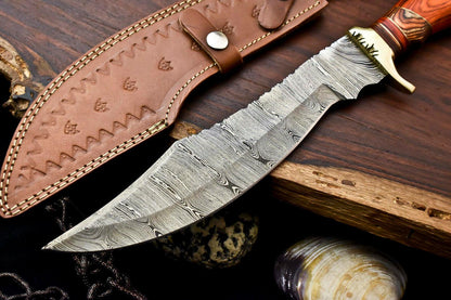 Handmade Damascus Bowie Knife | 15" Hunting Blade with Hardwood Handle