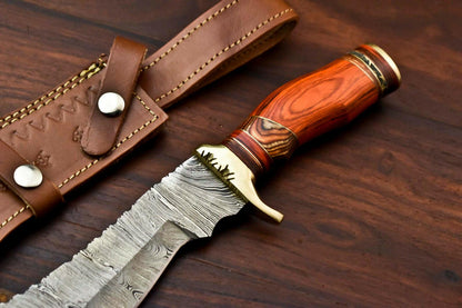 Handmade Damascus Bowie Knife | 15" Hunting Blade with Hardwood Handle