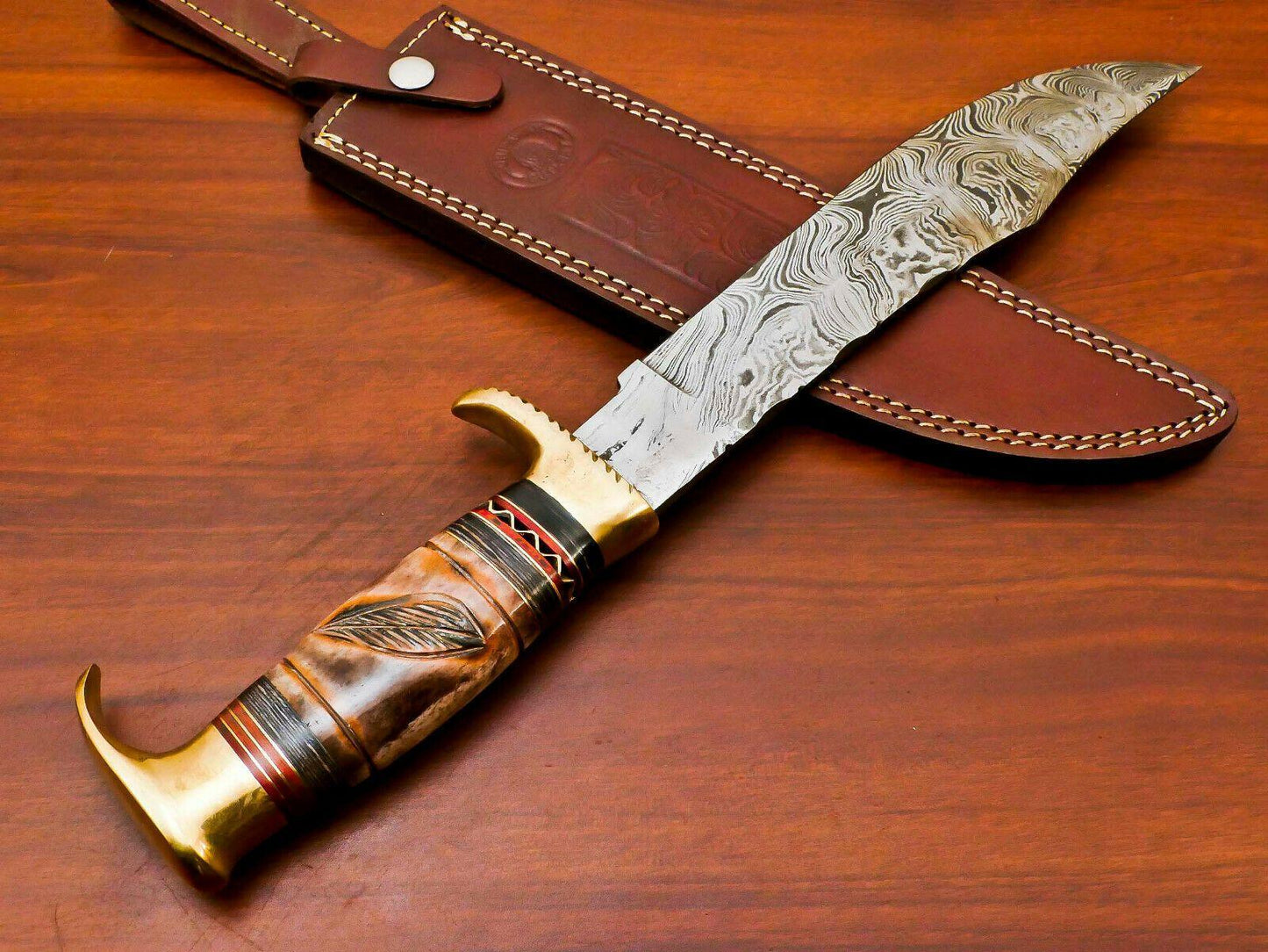 Handmade Damascus Steel Engraved Bowie Hunting Knife | Burn Camel Bone & Pakka Wood Handle