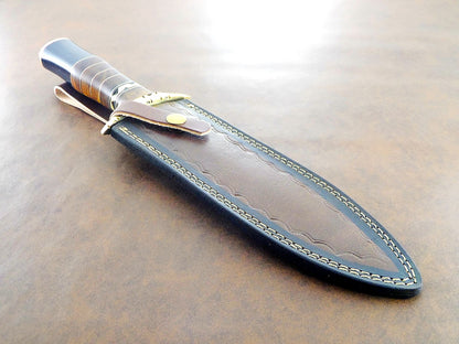 Handmade Damascus 12.75 Inch Double Edge Dagger Bowie Knife Leather Sheath
