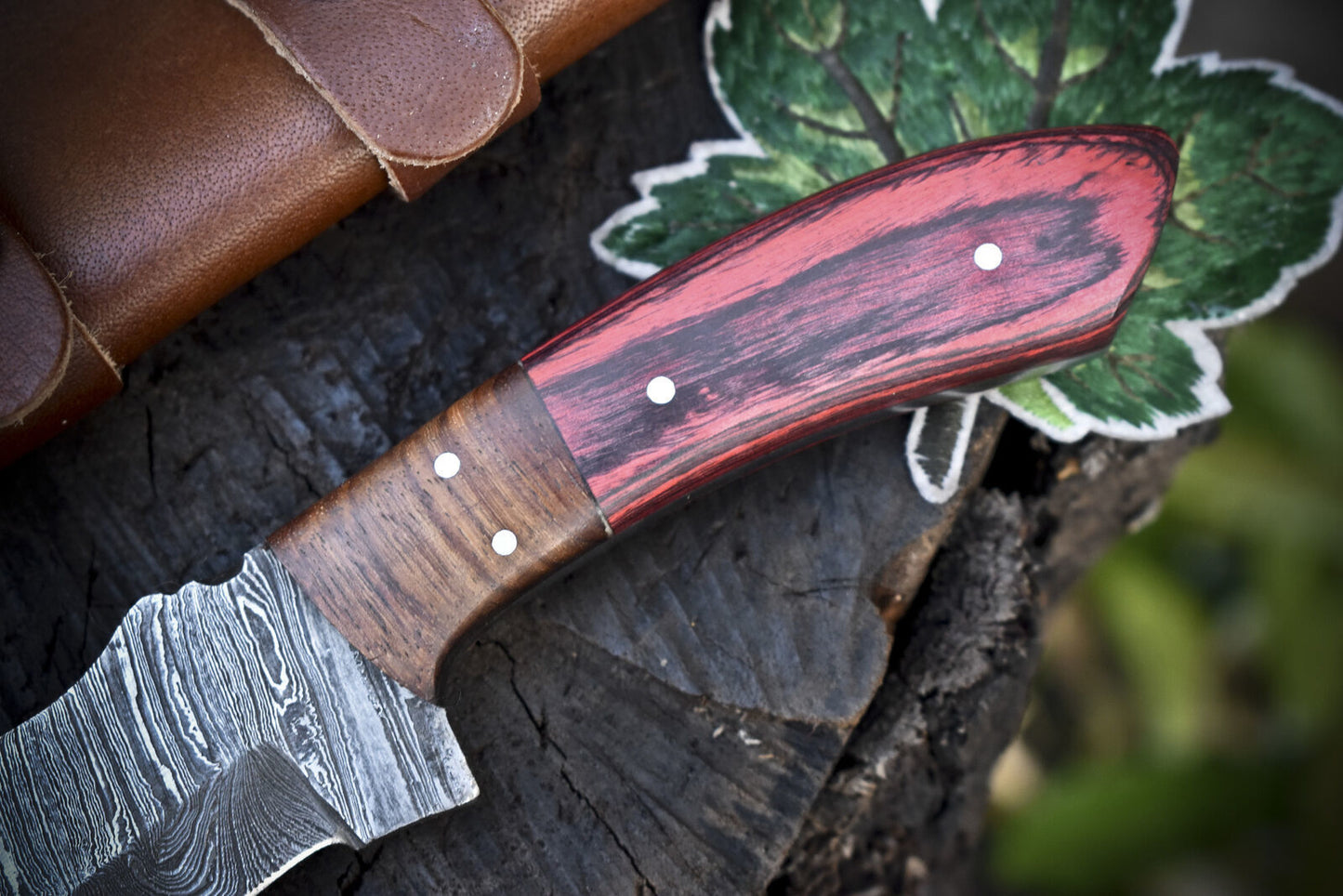 8" Twist Damascus Skinner Knife with Hardwood Handle and Wooden Bolster for Hunting and Sports