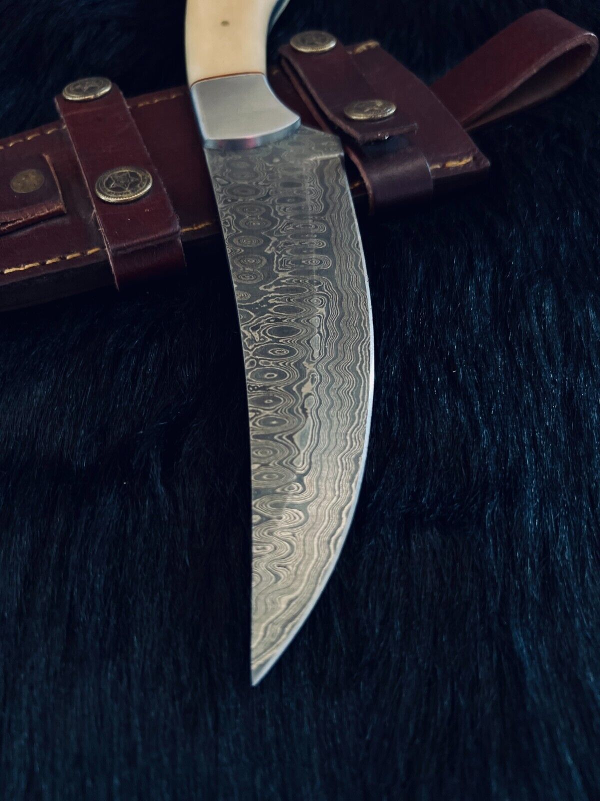 Heritage Forge 10 Inch RainDrop Damascus Skinner Knife with Camel Bone and Wood Handle