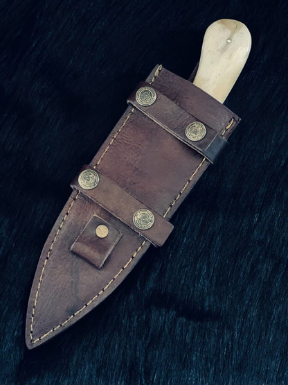 Heritage Forge 10 Inch RainDrop Damascus Skinner Knife with Camel Bone and Wood Handle