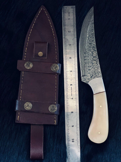Heritage Forge 10 Inch RainDrop Damascus Skinner Knife with Camel Bone and Wood Handle